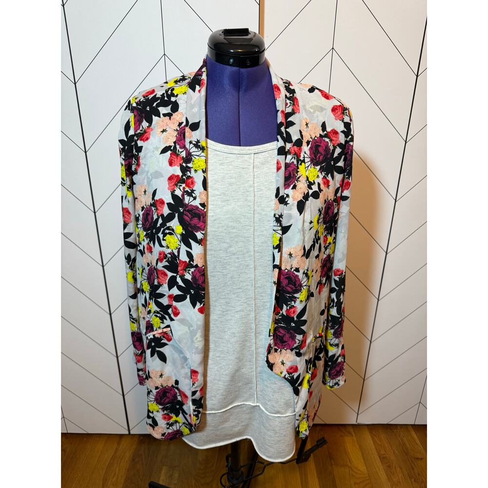 ASTR Womens Gray Pink Floral Open Front Long Sleeve Light Draped Cardigan Blazer